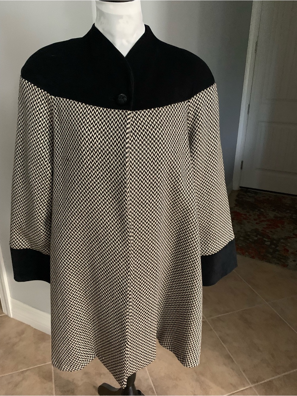 Black & Cream Herringbone Swing Coat with Contrast Collar